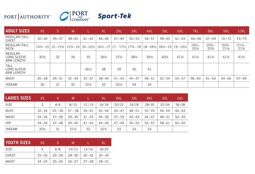 Sport Tek Ladies Size Chart